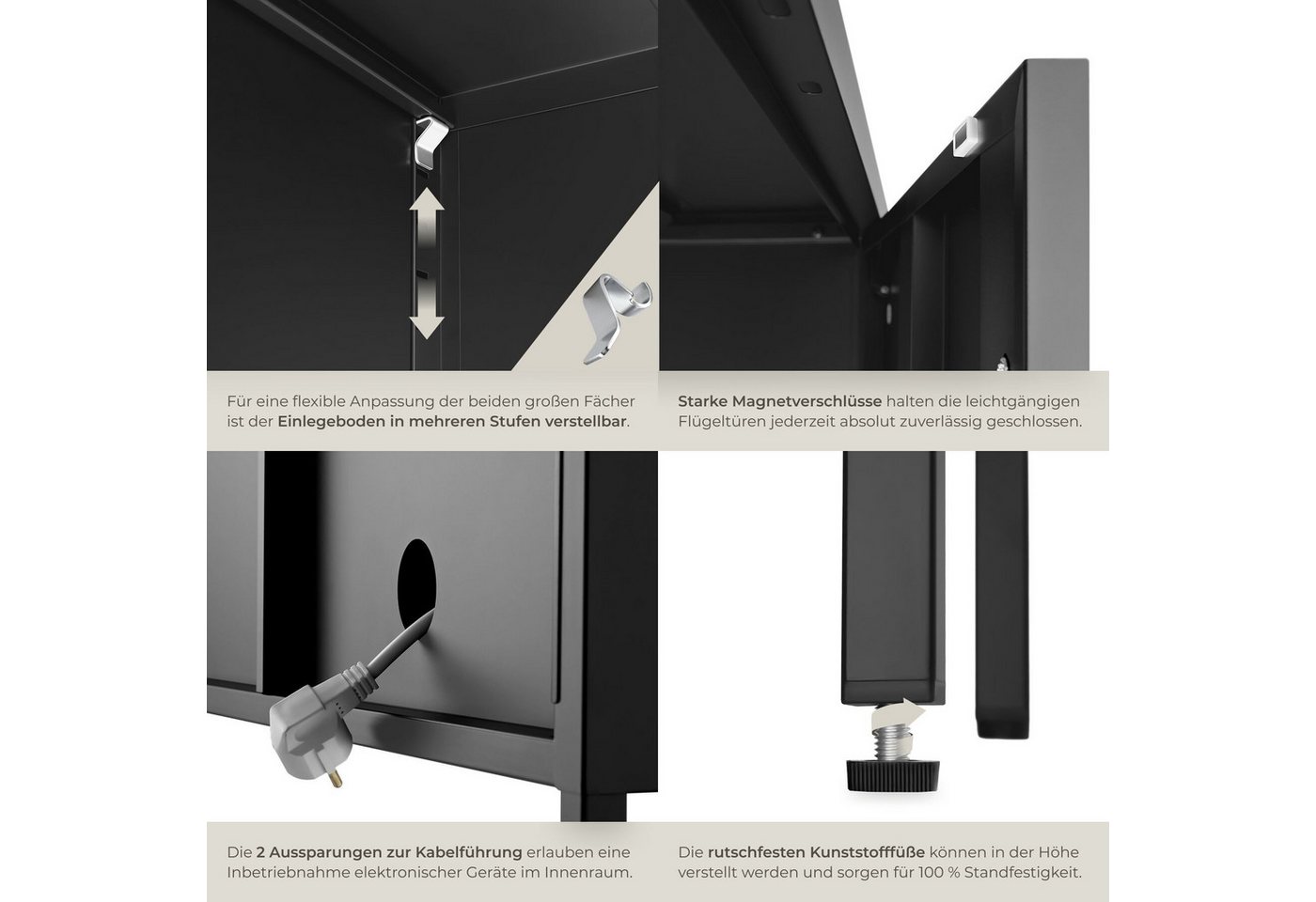 tectake Lowboard Anrichte mit Magnetverschluss, verstellbarem Boden (Sideboard Modern Baker, in Schwarz), Kippschutz, höhenverstellbare Füße, pulverbeschichtete – Bild 5 von 5
