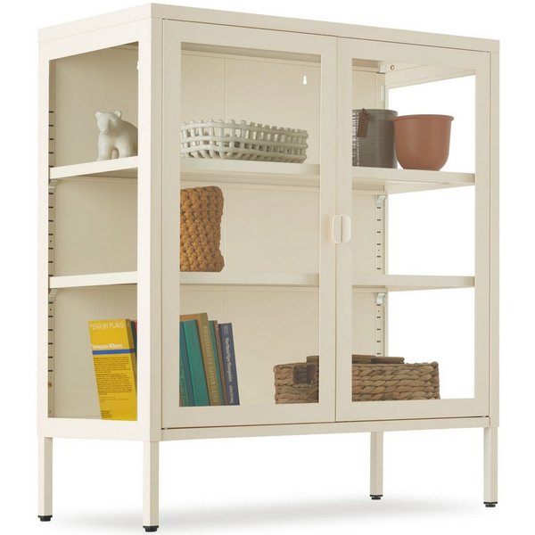 tectake Lowboard Glasvitrine mit Magnetverschluss, verstellbare Zwischenböden (Standvitrine Baker, in Creme), Höhenverstellbare Füße, pulverbeschichteter Stahl,