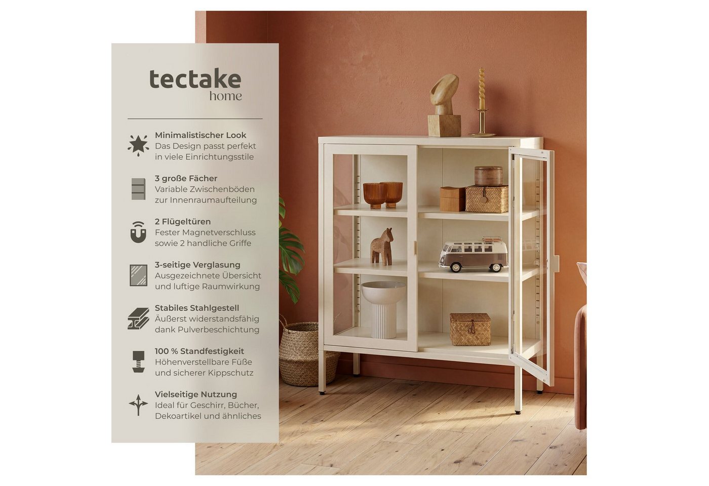 tectake Lowboard Glasvitrine mit Magnetverschluss, verstellbare Zwischenböden (Standvitrine Baker, in Creme), Höhenverstellbare Füße, pulverbeschichteter Stahl, – Bild 2 von 5