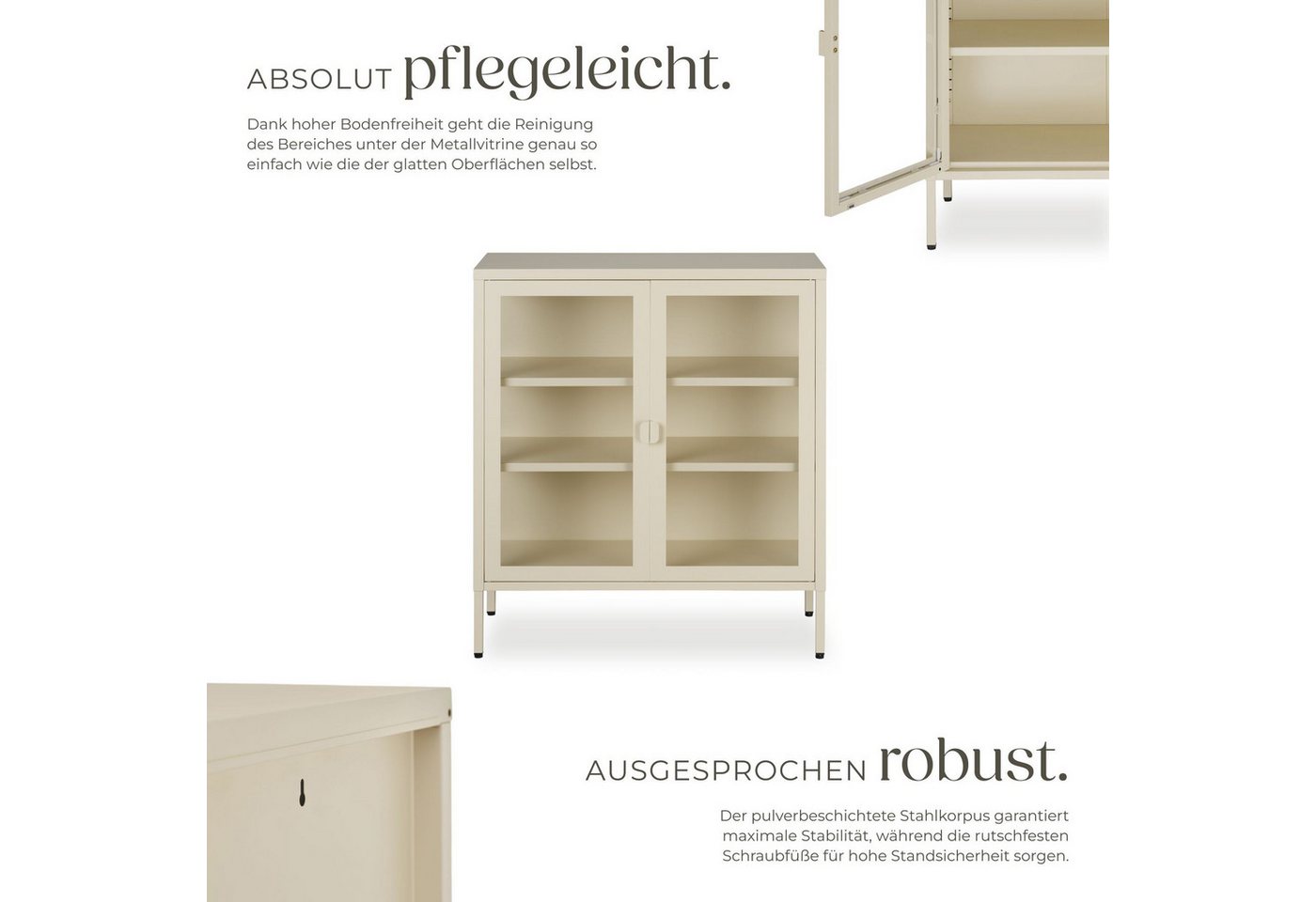 tectake Lowboard Glasvitrine mit Magnetverschluss, verstellbare Zwischenböden (Standvitrine Baker, in Creme), Höhenverstellbare Füße, pulverbeschichteter Stahl, – Bild 3 von 5
