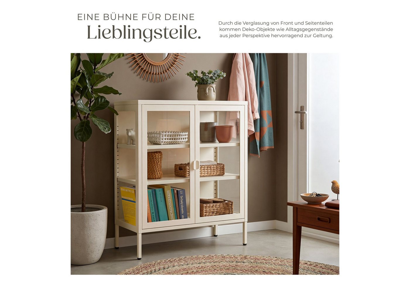 tectake Lowboard Glasvitrine mit Magnetverschluss, verstellbare Zwischenböden (Standvitrine Baker, in Creme), Höhenverstellbare Füße, pulverbeschichteter Stahl, – Bild 4 von 5