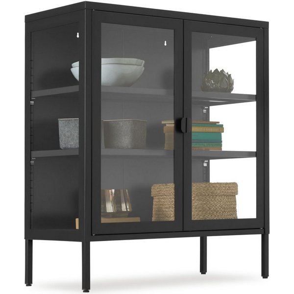 tectake Lowboard Metallvitrine, Kippschutz, höhenverstellbare Füße, 80 x 37 x 90,5 cm (Glasvitrine Baker, in schwarz), Glastüren mit Magnetverschluss, verstellb