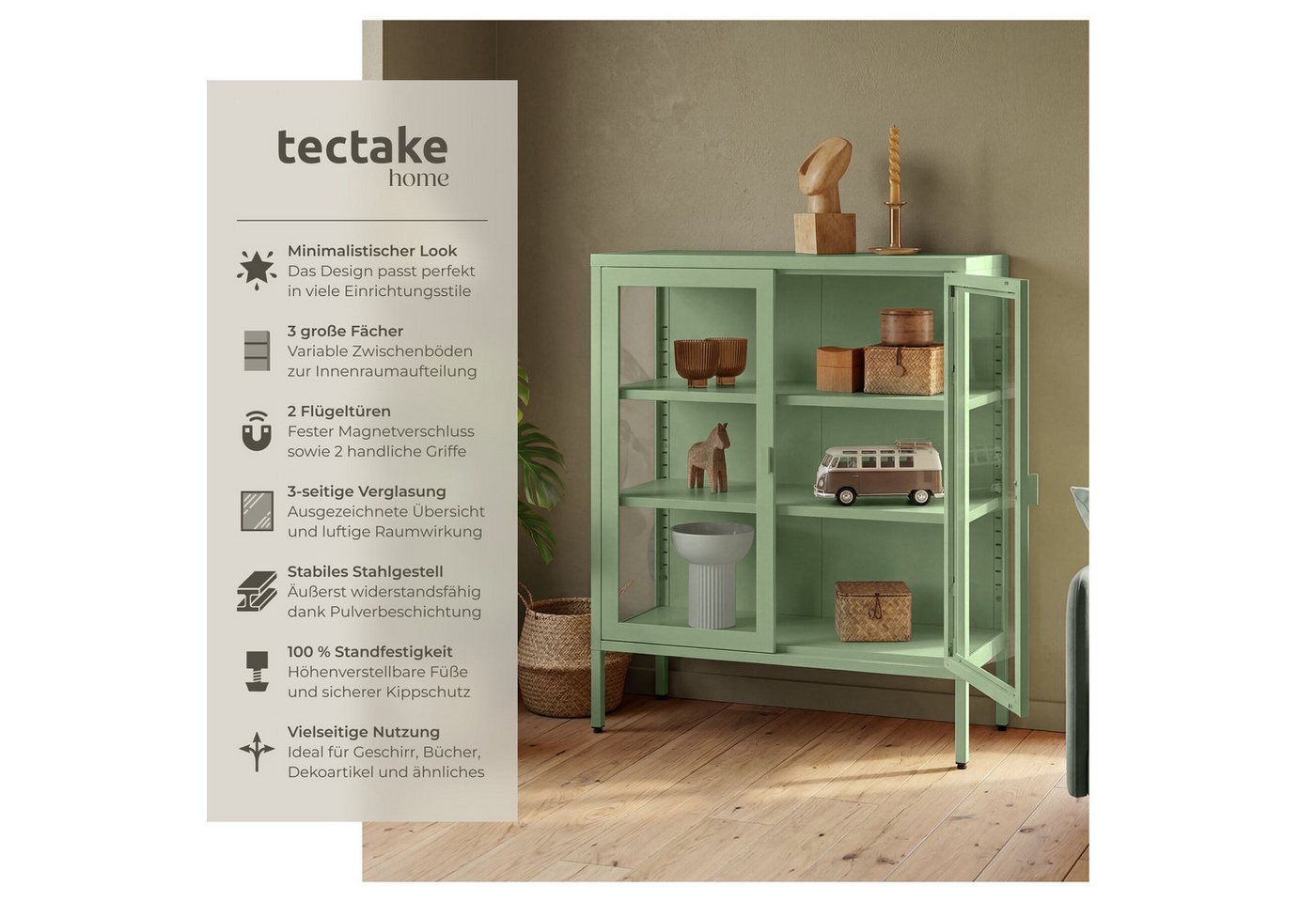 tectake Lowboard Metallvitrine mit Glastüren, verstellbaren Böden (Standvitrine Baker, in Salbeigrün), Kippschutz, höhenverstellbare Füße, pulverbeschichteter S – Bild 2 von 5