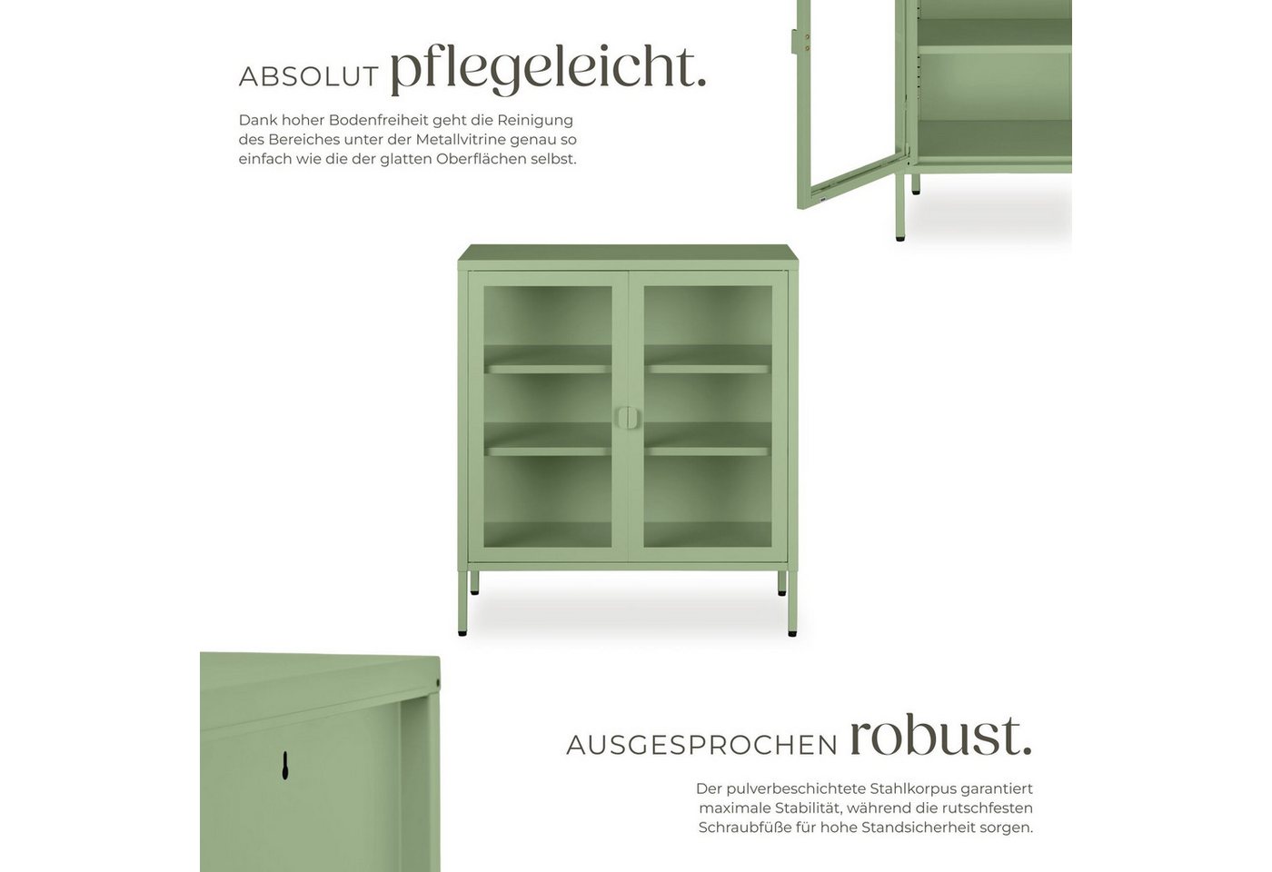 tectake Lowboard Metallvitrine mit Glastüren, verstellbaren Böden (Standvitrine Baker, in Salbeigrün), Kippschutz, höhenverstellbare Füße, pulverbeschichteter S – Bild 3 von 5