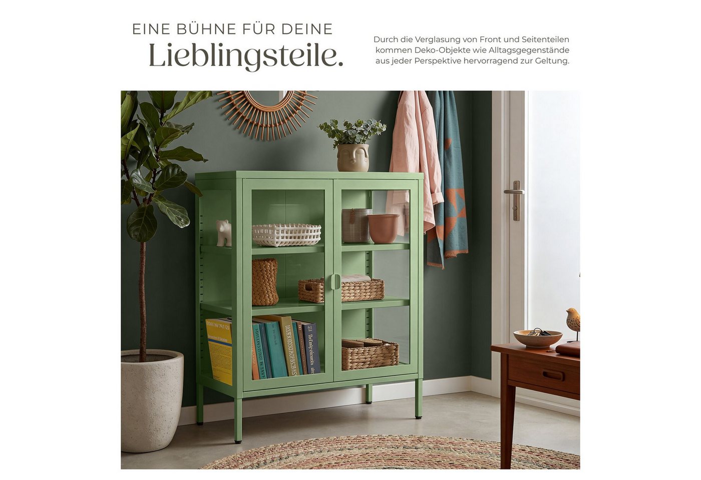 tectake Lowboard Metallvitrine mit Glastüren, verstellbaren Böden (Standvitrine Baker, in Salbeigrün), Kippschutz, höhenverstellbare Füße, pulverbeschichteter S – Bild 4 von 5