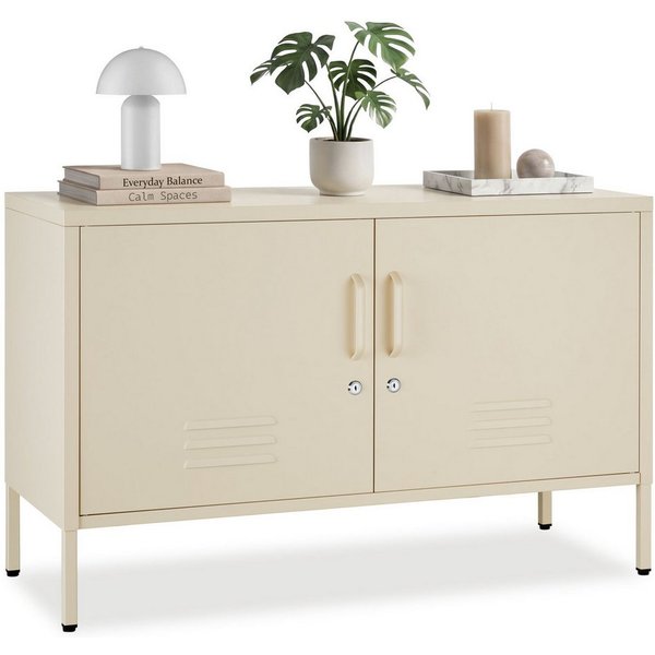 tectake Lowboard Sideboard, Kippschutz, höhenverstellbare Füße, 100 x 42,5 x 65 cm (Kommode Baker, in creme), 3 Türen mit Magnetverschluss, Zwischenboden verste