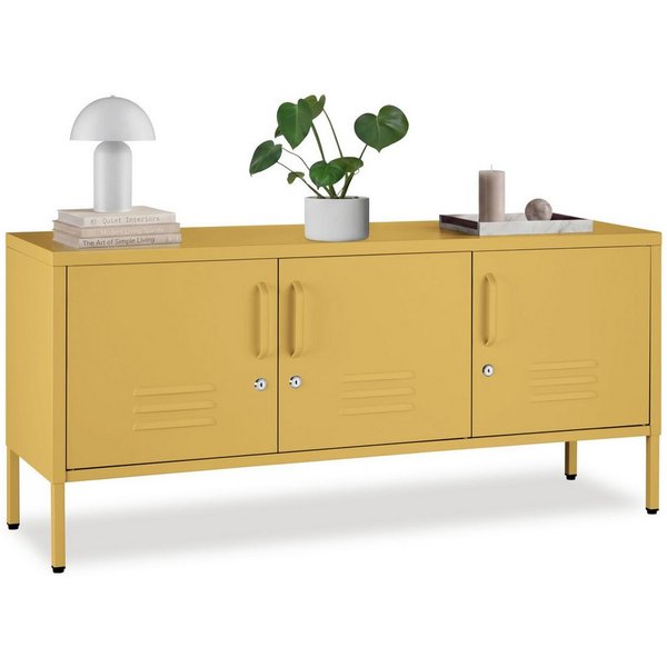 tectake Lowboard Sideboard aus Stahl mit Türen und verstellbarem Boden (Aufbewahrungsmöbel Baker, in Gelb), abschließbar, mit Kabelführung und Kippschutz