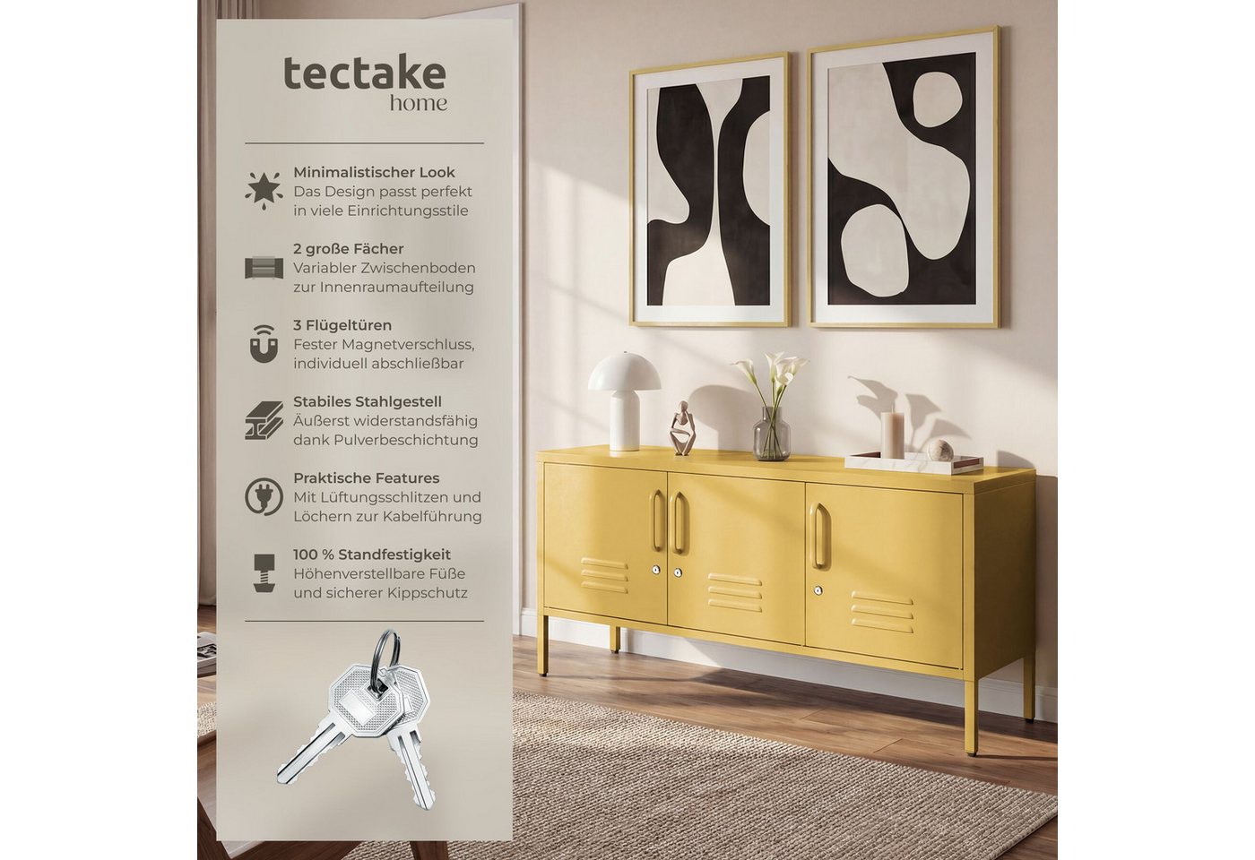 tectake Lowboard Sideboard aus Stahl mit Türen und verstellbarem Boden (Aufbewahrungsmöbel Baker, in Gelb), abschließbar, mit Kabelführung und Kippschutz – Bild 2 von 5