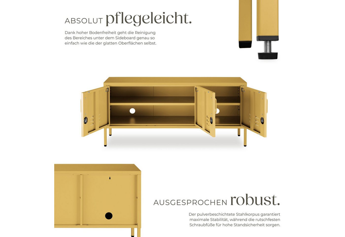 tectake Lowboard Sideboard aus Stahl mit Türen und verstellbarem Boden (Aufbewahrungsmöbel Baker, in Gelb), abschließbar, mit Kabelführung und Kippschutz – Bild 3 von 5