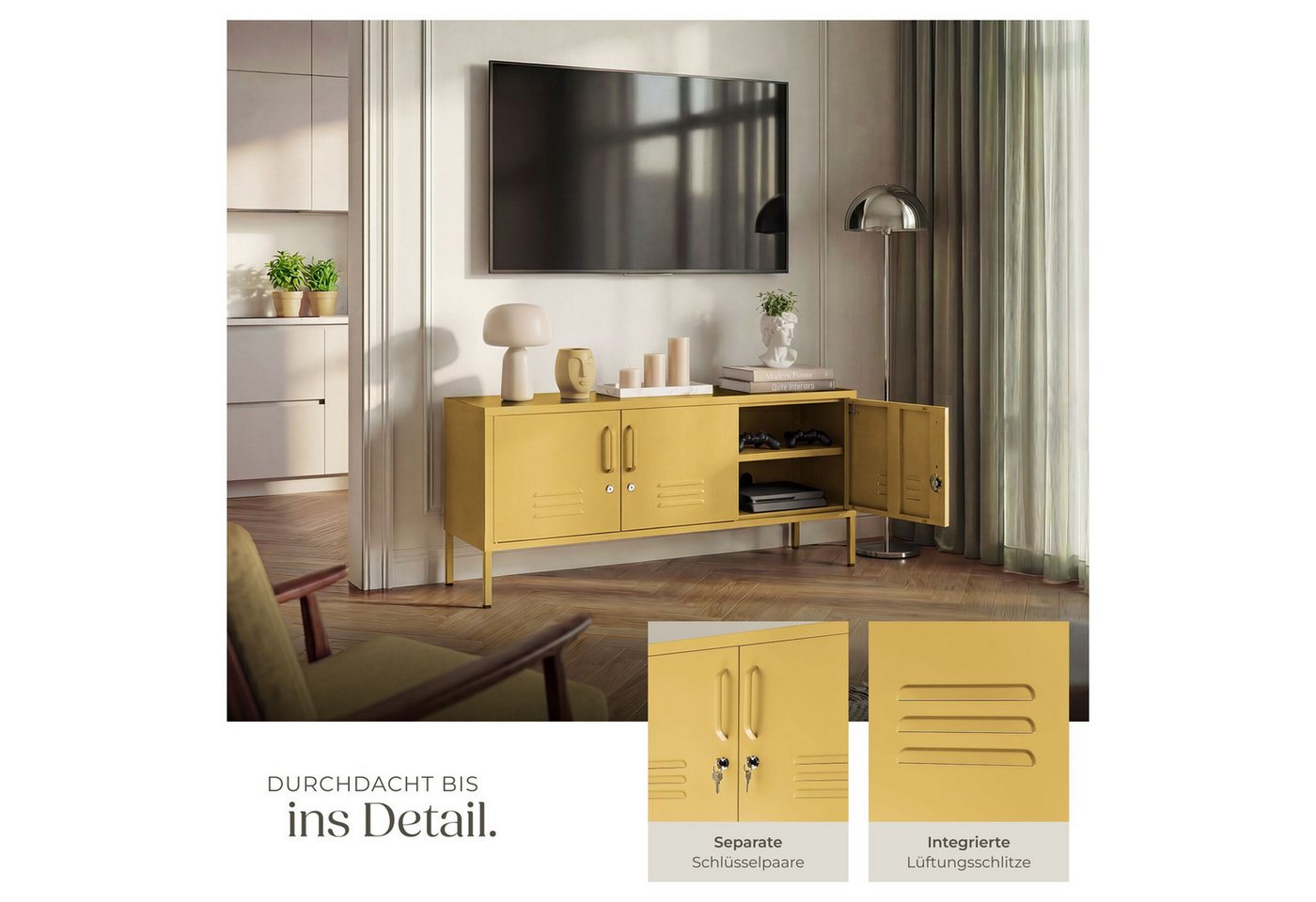tectake Lowboard Sideboard aus Stahl mit Türen und verstellbarem Boden (Aufbewahrungsmöbel Baker, in Gelb), abschließbar, mit Kabelführung und Kippschutz – Bild 4 von 5