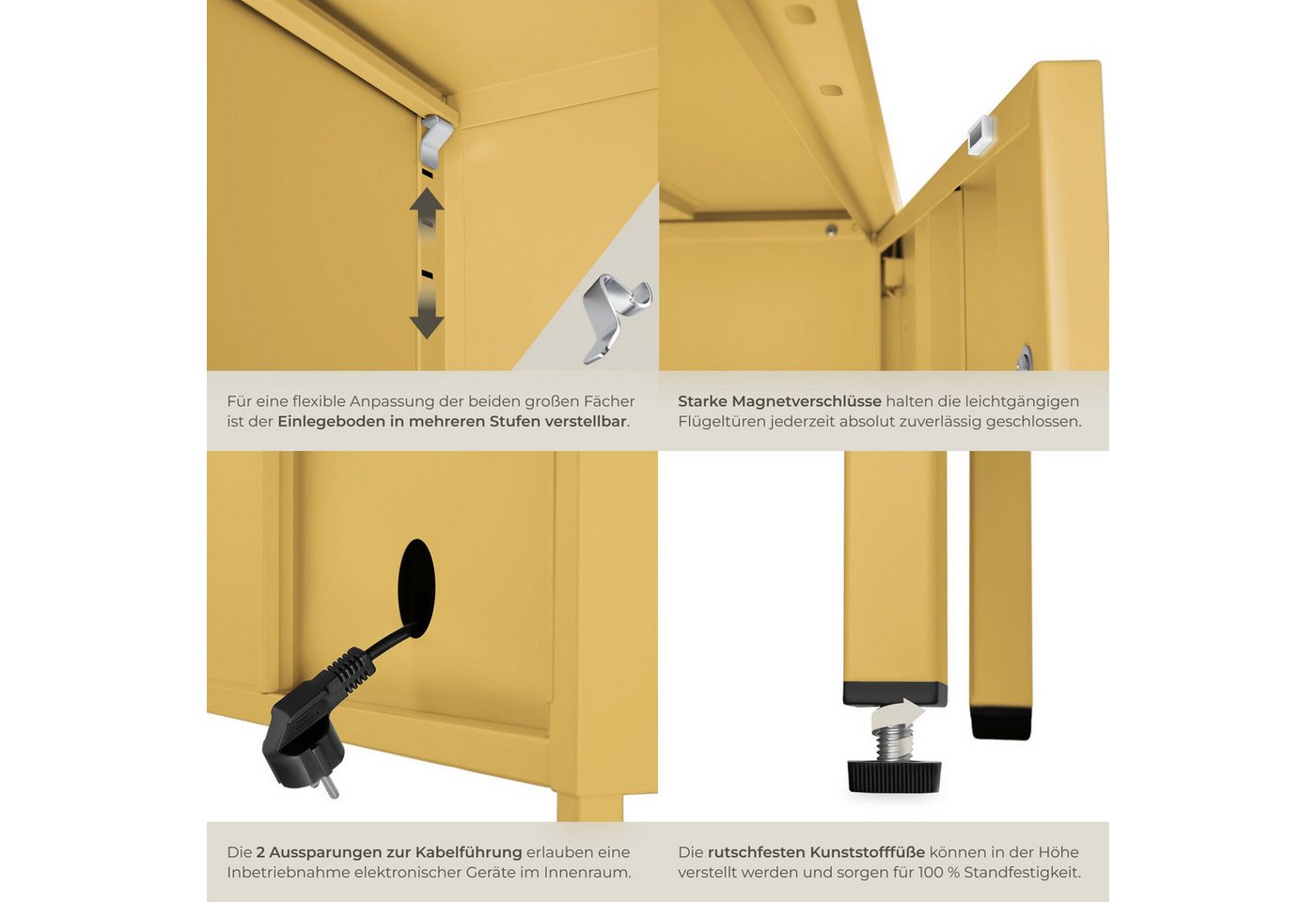 tectake Lowboard Sideboard aus Stahl mit Türen und verstellbarem Boden (Aufbewahrungsmöbel Baker, in Gelb), abschließbar, mit Kabelführung und Kippschutz – Bild 5 von 5