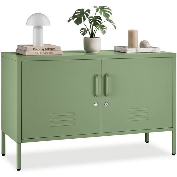 tectake Lowboard Sideboard mit 2 Türen, Magnetverschluss, verstellbarer Boden (Metall Sideboard Baker, in Salbeigrün), Pulverbeschichteter Stahl, Kippschutz, hö