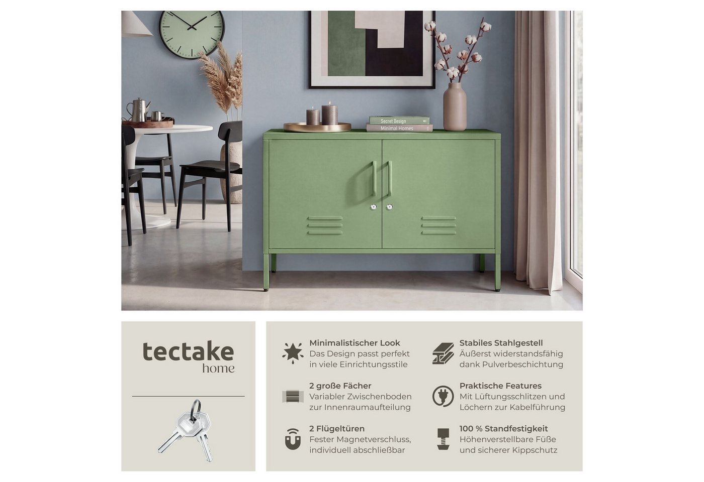 tectake Lowboard Sideboard mit 2 Türen, Magnetverschluss, verstellbarer Boden (Metall Sideboard Baker, in Salbeigrün), Pulverbeschichteter Stahl, Kippschutz, hö – Bild 2 von 5