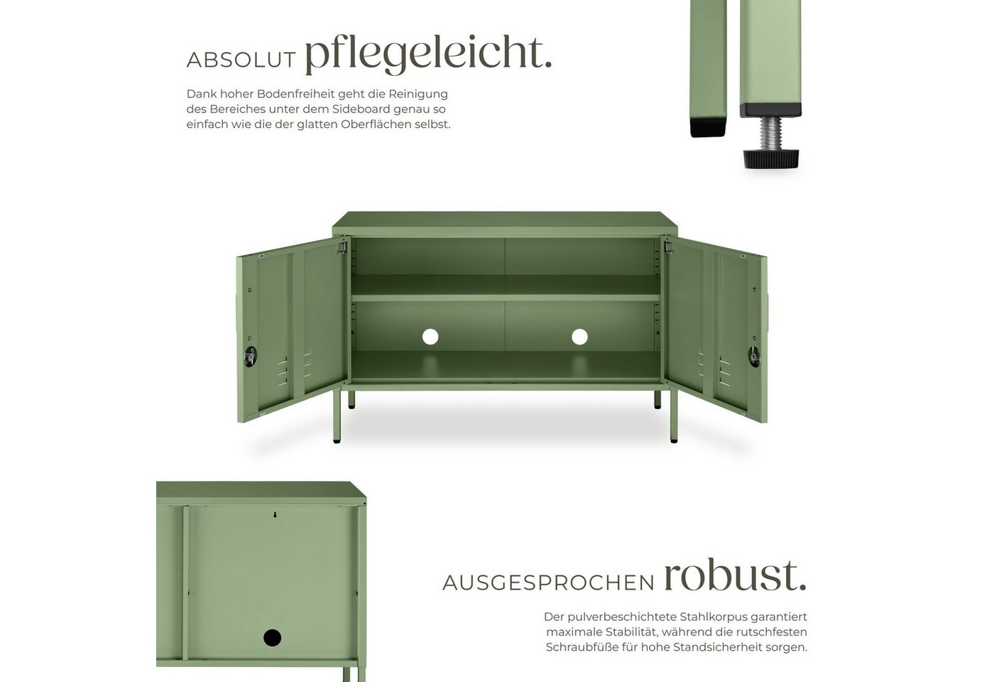 tectake Lowboard Sideboard mit 2 Türen, Magnetverschluss, verstellbarer Boden (Metall Sideboard Baker, in Salbeigrün), Pulverbeschichteter Stahl, Kippschutz, hö – Bild 3 von 5