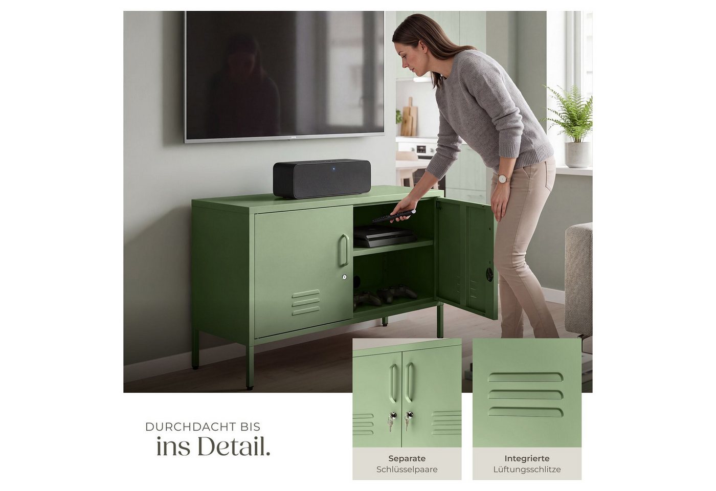 tectake Lowboard Sideboard mit 2 Türen, Magnetverschluss, verstellbarer Boden (Metall Sideboard Baker, in Salbeigrün), Pulverbeschichteter Stahl, Kippschutz, hö – Bild 4 von 5