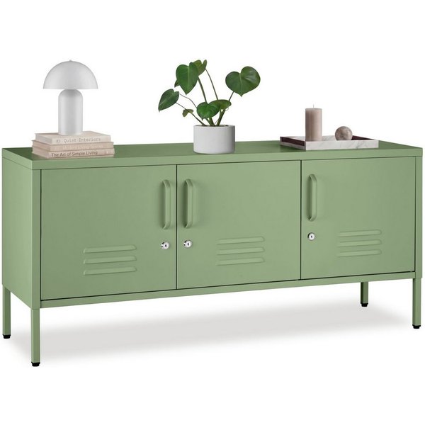 tectake Lowboard Sideboard mit 3 Türen, Magnetverschluss, verstellbar (Aufbewahrungsmöbel Baker, in Salbeigrün), Inkl. 3 Schlüsselpaare, Kippschutz und Montage