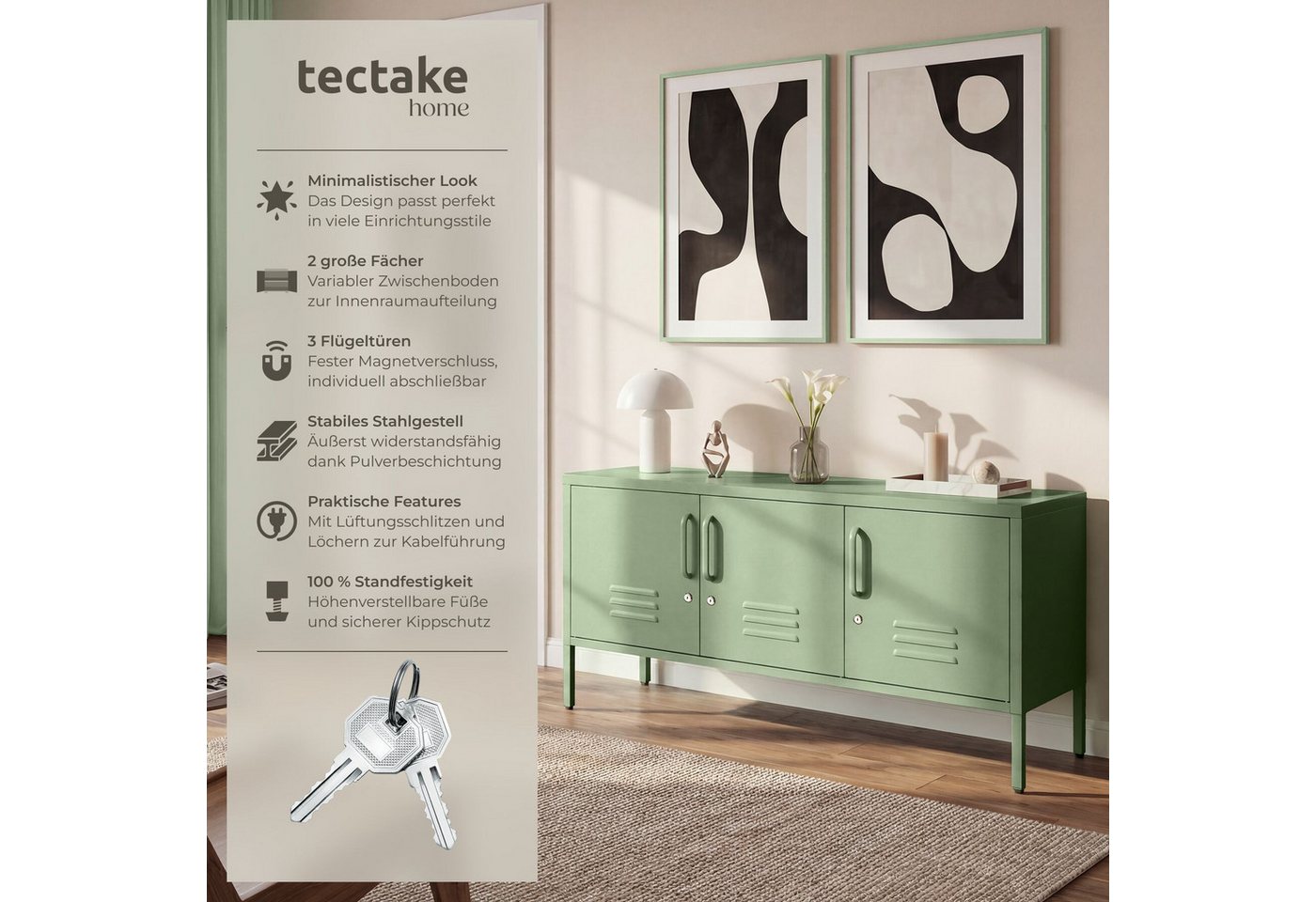 tectake Lowboard Sideboard mit 3 Türen, Magnetverschluss, verstellbar (Aufbewahrungsmöbel Baker, in Salbeigrün), Inkl. 3 Schlüsselpaare, Kippschutz und Montage – Bild 2 von 5