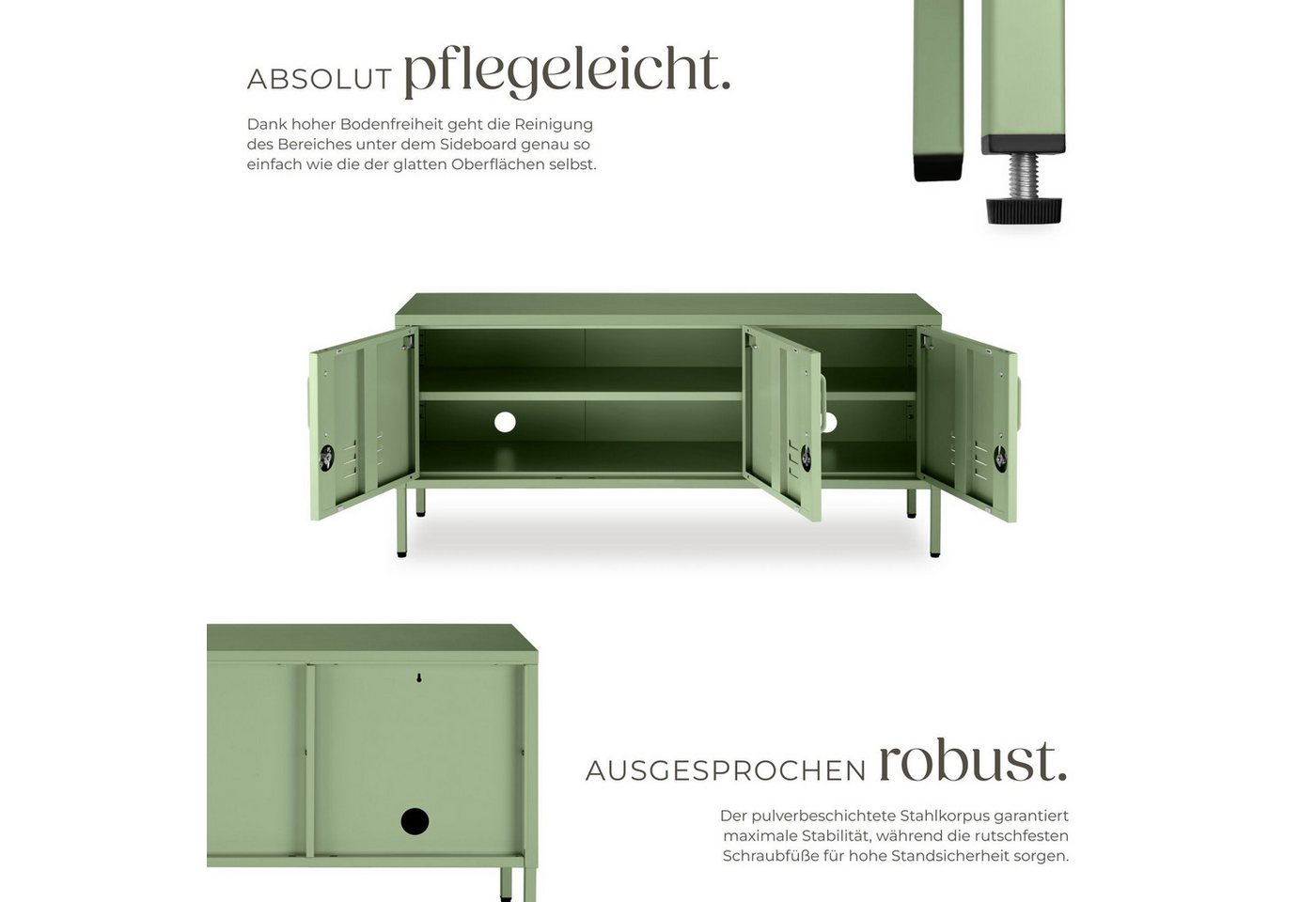 tectake Lowboard Sideboard mit 3 Türen, Magnetverschluss, verstellbar (Aufbewahrungsmöbel Baker, in Salbeigrün), Inkl. 3 Schlüsselpaare, Kippschutz und Montage – Bild 3 von 5