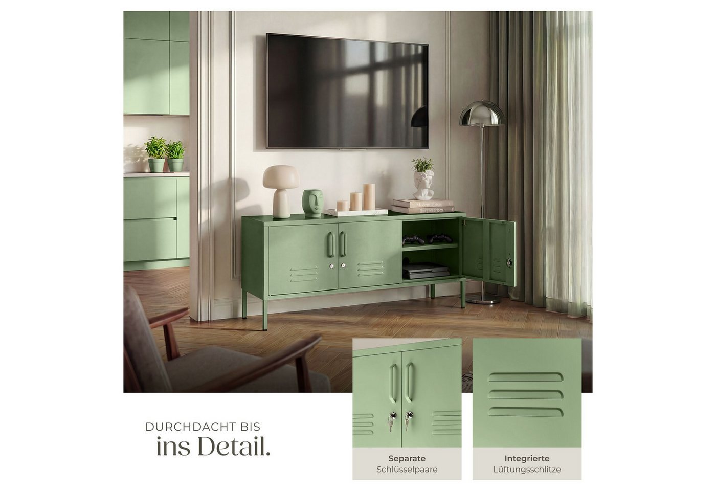 tectake Lowboard Sideboard mit 3 Türen, Magnetverschluss, verstellbar (Aufbewahrungsmöbel Baker, in Salbeigrün), Inkl. 3 Schlüsselpaare, Kippschutz und Montage – Bild 4 von 5