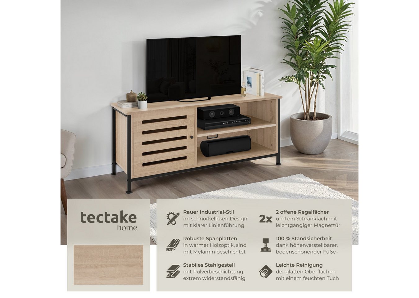 tectake Lowboard TV-Schrank, 110 x 41,5 x 50,5 cm, Holz & Stahl, Staufach mit (Fernsehboard Galway, in Industrial Holz hell, Eiche Sonoma), 2 offene Fächer, 2 K – Bild 2 von 5