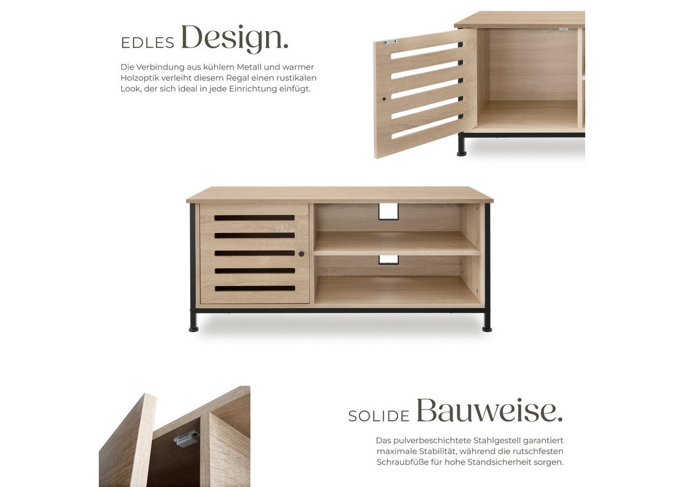 tectake Lowboard TV-Schrank, 110 x 41,5 x 50,5 cm, Holz & Stahl, Staufach mit (Fernsehboard Galway, in Industrial Holz hell, Eiche Sonoma), 2 offene Fächer, 2 K – Bild 3 von 5