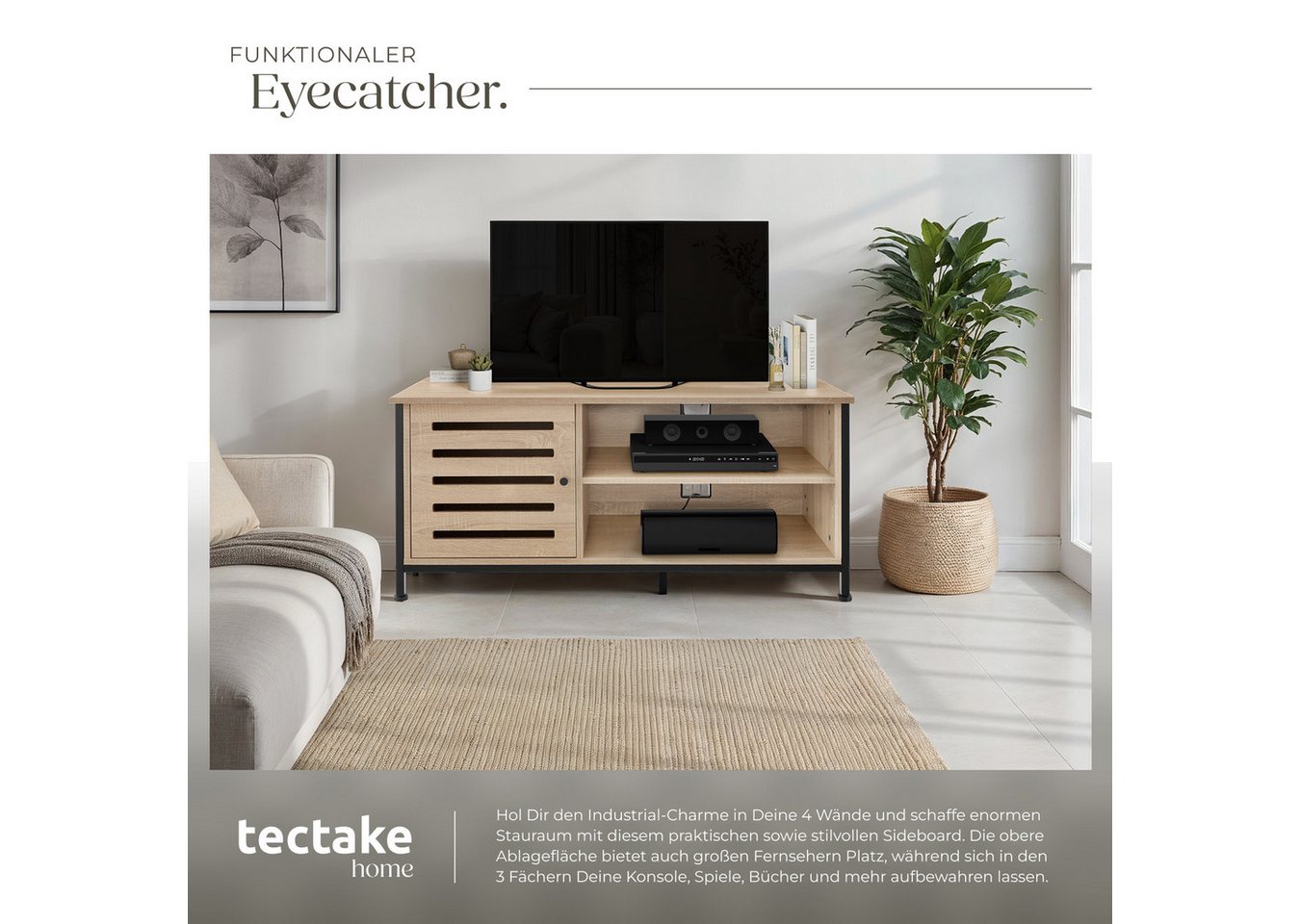tectake Lowboard TV-Schrank, 110 x 41,5 x 50,5 cm, Holz & Stahl, Staufach mit (Fernsehboard Galway, in Industrial Holz hell, Eiche Sonoma), 2 offene Fächer, 2 K – Bild 4 von 5