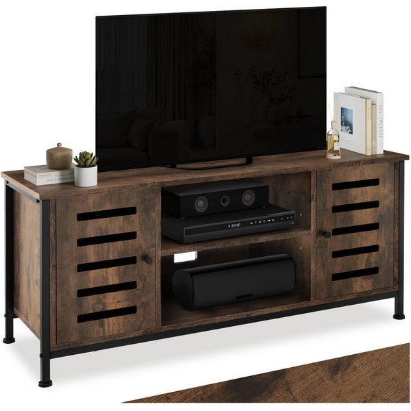 tectake Lowboard TV-Schrank, 110 x 41,5 x 50,5 cm, Holz und Stahl, 2 (Fernsehboard Carlow, in Industrial Holz dunkel, rustikal), Offenes Fach, 2 Staufächer mit 
