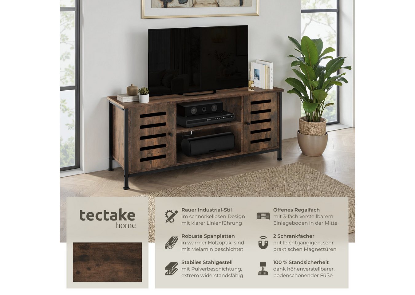 tectake Lowboard TV-Schrank, 110 x 41,5 x 50,5 cm, Holz und Stahl, 2 (Fernsehboard Carlow, in Industrial Holz dunkel, rustikal), Offenes Fach, 2 Staufächer mit  – Bild 2 von 5