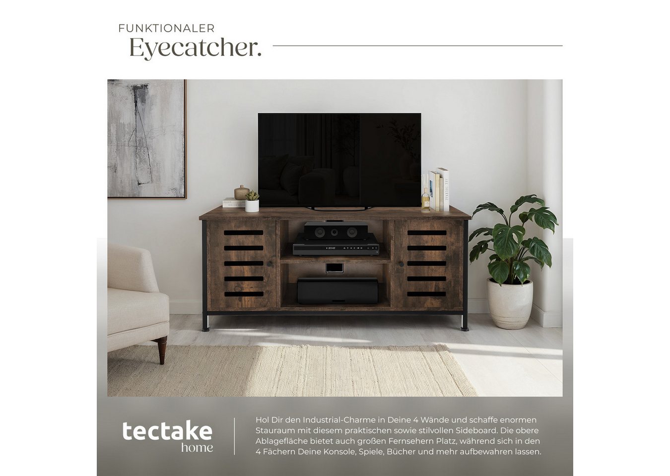 tectake Lowboard TV-Schrank, 110 x 41,5 x 50,5 cm, Holz und Stahl, 2 (Fernsehboard Carlow, in Industrial Holz dunkel, rustikal), Offenes Fach, 2 Staufächer mit  – Bild 4 von 5