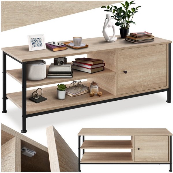 tectake Lowboard TV-Schrank, 110 x 40 x 45,5 cm, Holz & Stahl, Staufach mit Magnettür (Fernsehboard Durban, in Industrial Holz hell, Eiche Sonoma), Industrial S