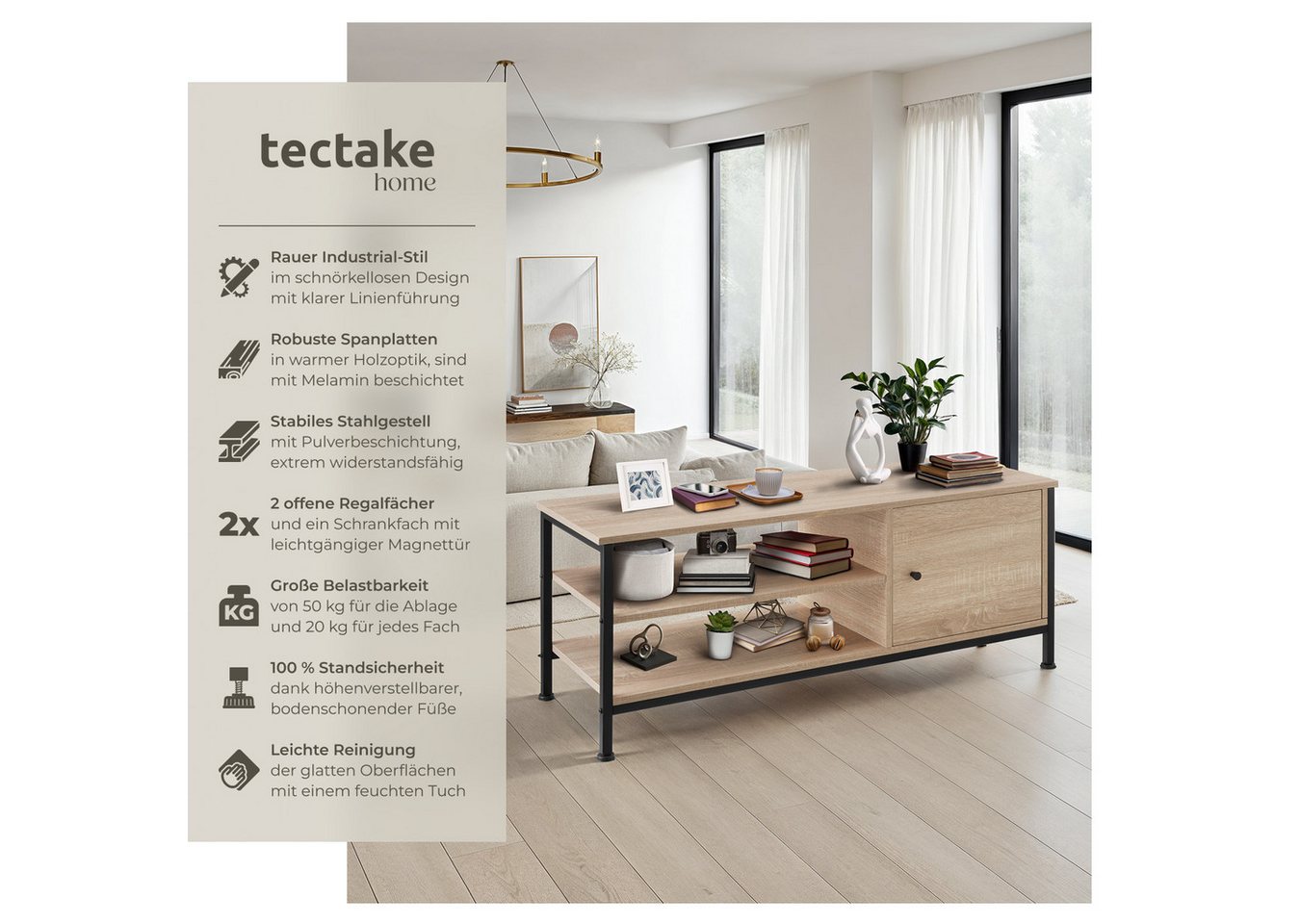 tectake Lowboard TV-Schrank, 110 x 40 x 45,5 cm, Holz & Stahl, Staufach mit Magnettür (Fernsehboard Durban, in Industrial Holz hell, Eiche Sonoma), Industrial S – Bild 2 von 5
