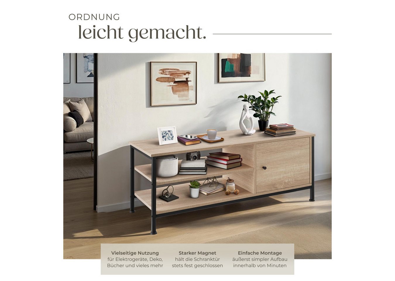 tectake Lowboard TV-Schrank, 110 x 40 x 45,5 cm, Holz & Stahl, Staufach mit Magnettür (Fernsehboard Durban, in Industrial Holz hell, Eiche Sonoma), Industrial S – Bild 4 von 5