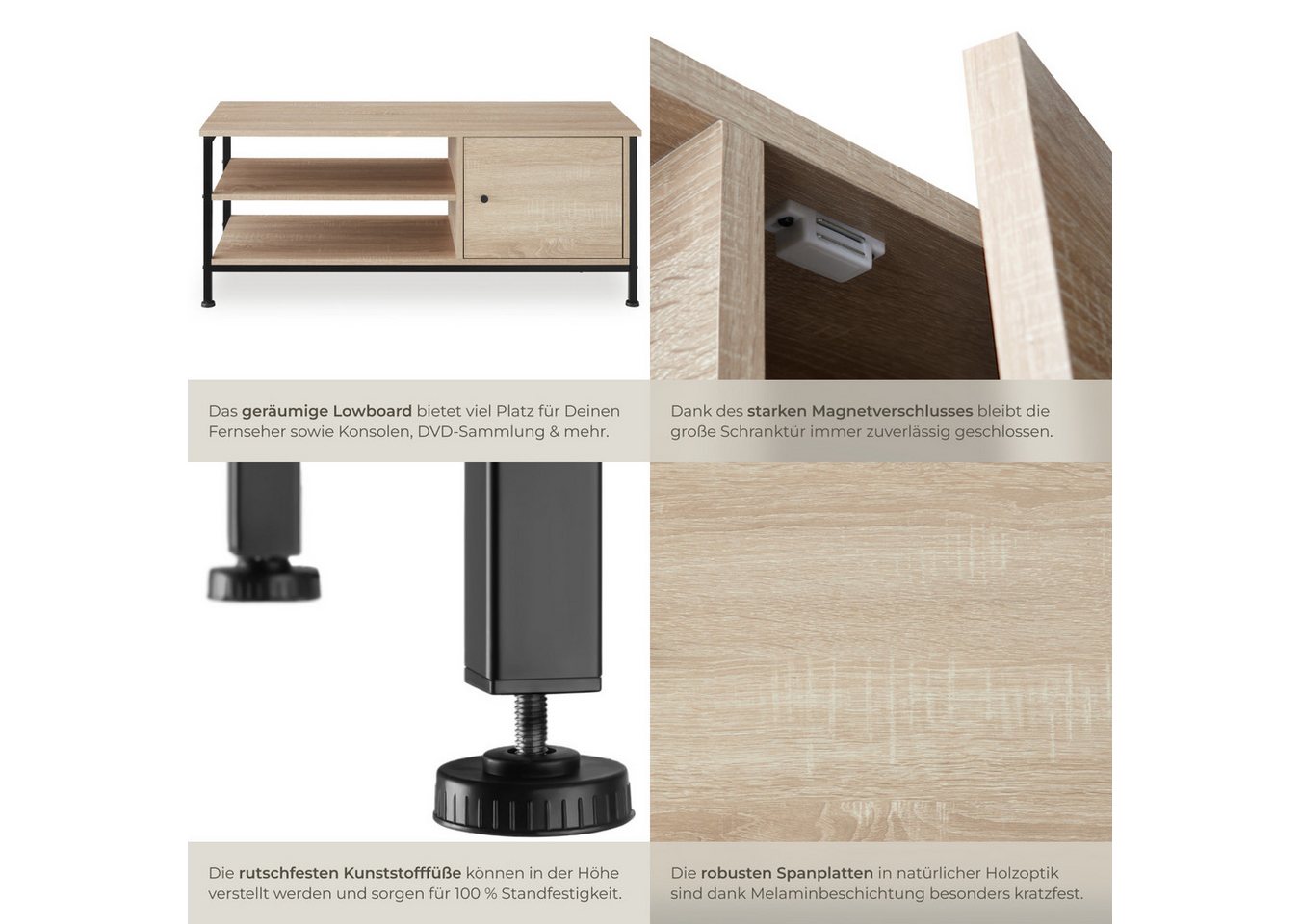 tectake Lowboard TV-Schrank, 110 x 40 x 45,5 cm, Holz & Stahl, Staufach mit Magnettür (Fernsehboard Durban, in Industrial Holz hell, Eiche Sonoma), Industrial S – Bild 5 von 5