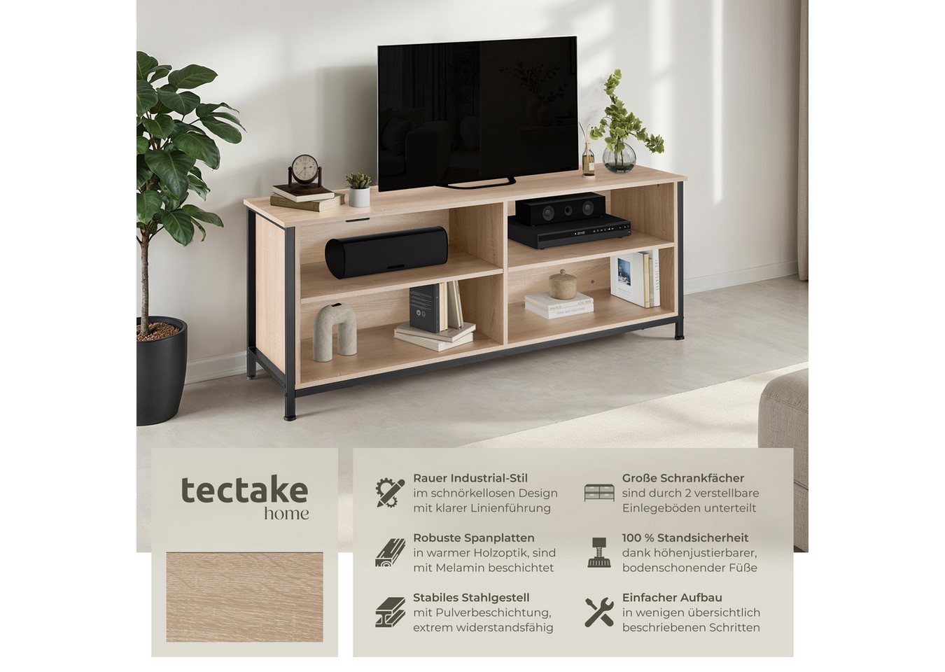 tectake Lowboard TV-Schrank, 147 x 41 x 60,5 cm, höhenverstellbare Kunststofffüße (Fernsehboard Navan, in Industrial Holz hell, Eiche Sonoma), Holz und Stahl, 2 – Bild 2 von 5
