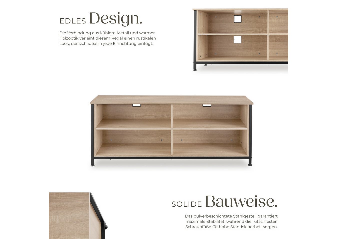 tectake Lowboard TV-Schrank, 147 x 41 x 60,5 cm, höhenverstellbare Kunststofffüße (Fernsehboard Navan, in Industrial Holz hell, Eiche Sonoma), Holz und Stahl, 2 – Bild 3 von 5