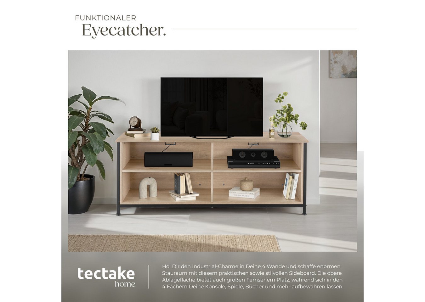 tectake Lowboard TV-Schrank, 147 x 41 x 60,5 cm, höhenverstellbare Kunststofffüße (Fernsehboard Navan, in Industrial Holz hell, Eiche Sonoma), Holz und Stahl, 2 – Bild 4 von 5