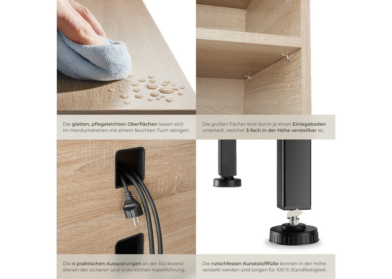 tectake Lowboard TV-Schrank, 147 x 41 x 60,5 cm, höhenverstellbare Kunststofffüße (Fernsehboard Navan, in Industrial Holz hell, Eiche Sonoma), Holz und Stahl, 2 – Bild 5 von 5