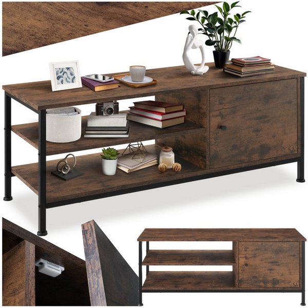 tectake Lowboard TV-Schrank, 110 x 40 x 45,5 cm, Holz & Stahl, Staufach mit Magnettür (Fernsehboard Durban, in Industrial Holz dunkel, rustikal), Industrial Sty