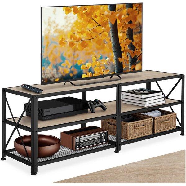 tectake Lowboard TV-Schrank, 141 x 41,5 x 50,5 cm, Industrial Style, Holz und Stahl (Fernsehboard Chicago, in Industrial Holz hell, Eiche Sonoma), 3 offene Etag