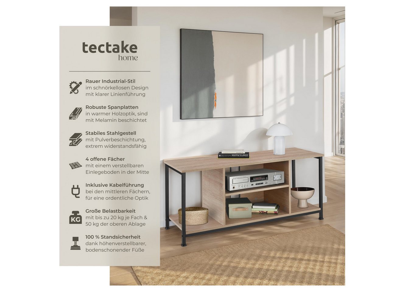 tectake Lowboard TV-Schrank, 110 x 40 x 50,5 cm, höhenverstellbare Kunststofffüße (Fernsehboard Austin, in Industrial Holz hell, Eiche Sonoma), Holz und Stahl,  – Bild 2 von 5