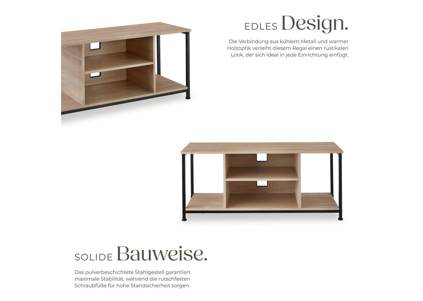 tectake Lowboard TV-Schrank, 110 x 40 x 50,5 cm, höhenverstellbare Kunststofffüße (Fernsehboard Austin, in Industrial Holz hell, Eiche Sonoma), Holz und Stahl,  – Bild 3 von 5
