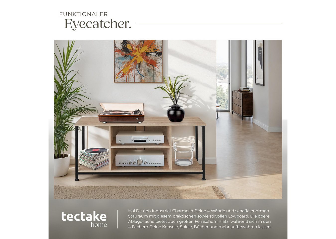 tectake Lowboard TV-Schrank, 110 x 40 x 50,5 cm, höhenverstellbare Kunststofffüße (Fernsehboard Austin, in Industrial Holz hell, Eiche Sonoma), Holz und Stahl,  – Bild 4 von 5