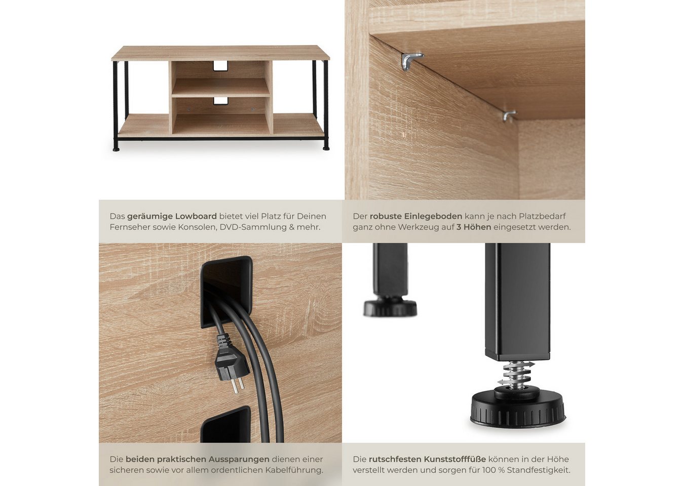 tectake Lowboard TV-Schrank, 110 x 40 x 50,5 cm, höhenverstellbare Kunststofffüße (Fernsehboard Austin, in Industrial Holz hell, Eiche Sonoma), Holz und Stahl,  – Bild 5 von 5