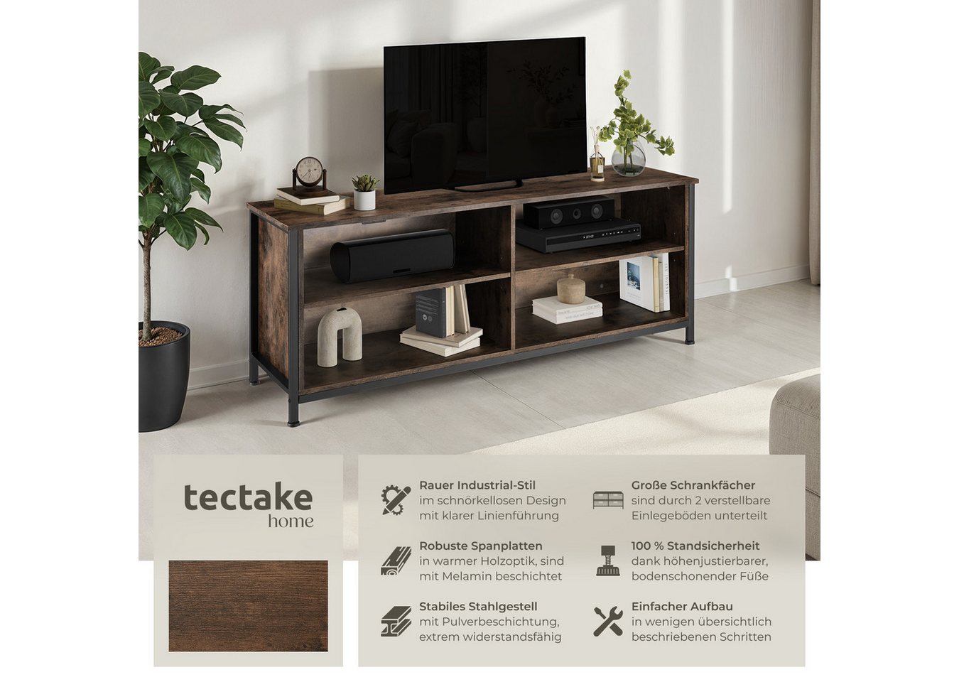 tectake Lowboard TV-Schrank, 147 x 41 x 60,5 cm, höhenverstellbare Kunststofffüße (Fernsehboard Navan, in Industrial Holz dunkel, rustikal), Holz und Stahl, 2 v – Bild 2 von 5