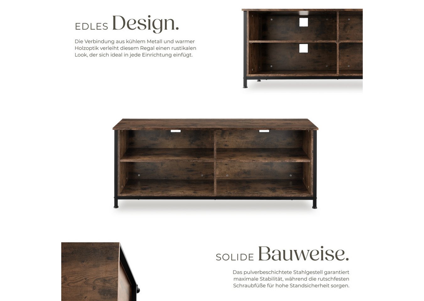 tectake Lowboard TV-Schrank, 147 x 41 x 60,5 cm, höhenverstellbare Kunststofffüße (Fernsehboard Navan, in Industrial Holz dunkel, rustikal), Holz und Stahl, 2 v – Bild 3 von 5