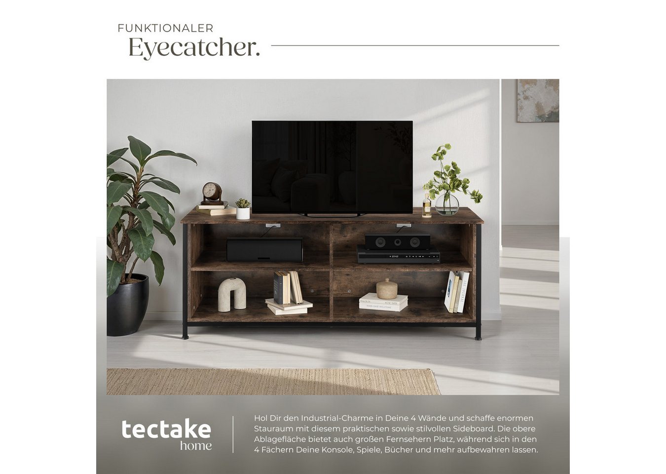 tectake Lowboard TV-Schrank, 147 x 41 x 60,5 cm, höhenverstellbare Kunststofffüße (Fernsehboard Navan, in Industrial Holz dunkel, rustikal), Holz und Stahl, 2 v – Bild 4 von 5