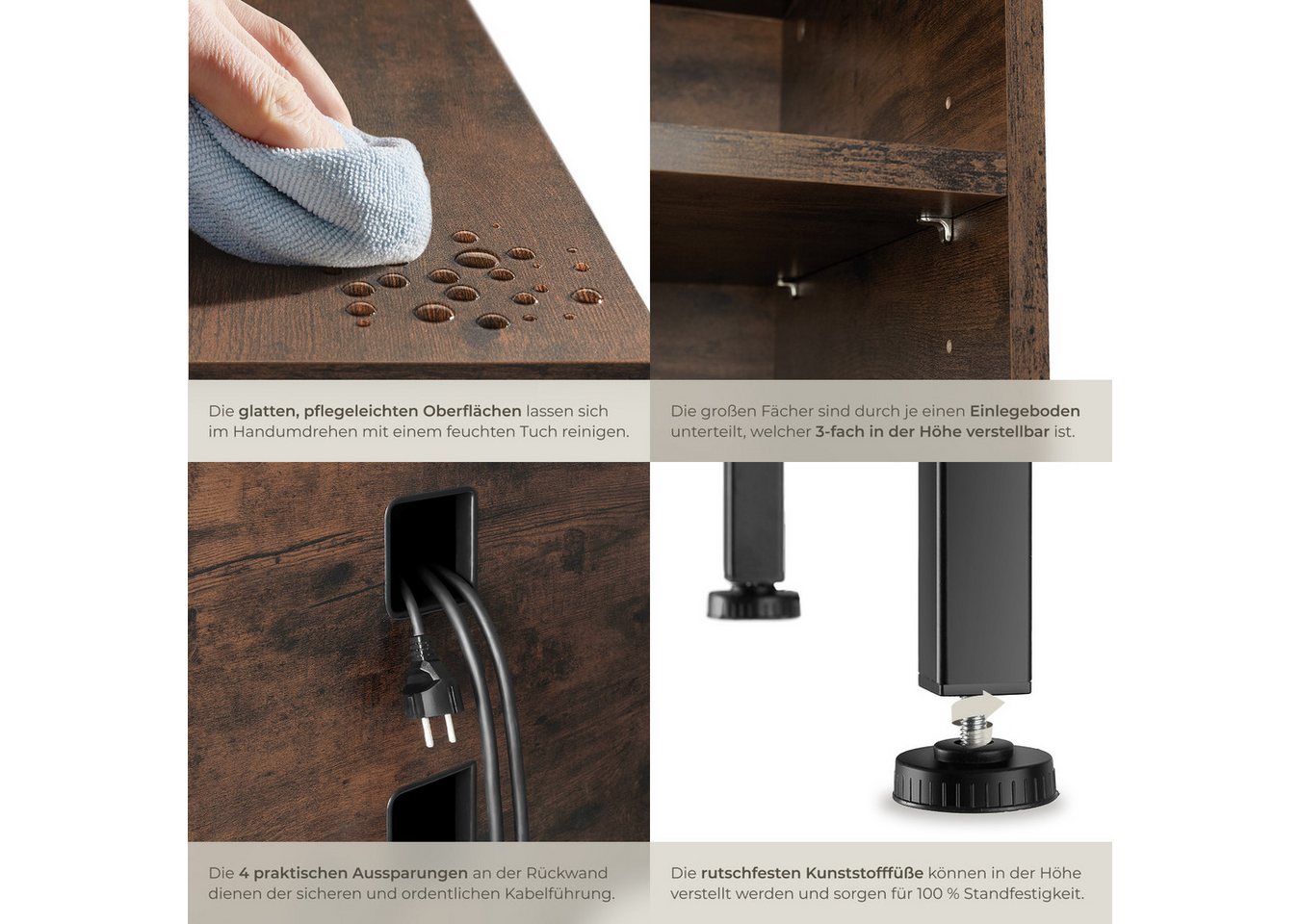 tectake Lowboard TV-Schrank, 147 x 41 x 60,5 cm, höhenverstellbare Kunststofffüße (Fernsehboard Navan, in Industrial Holz dunkel, rustikal), Holz und Stahl, 2 v – Bild 5 von 5