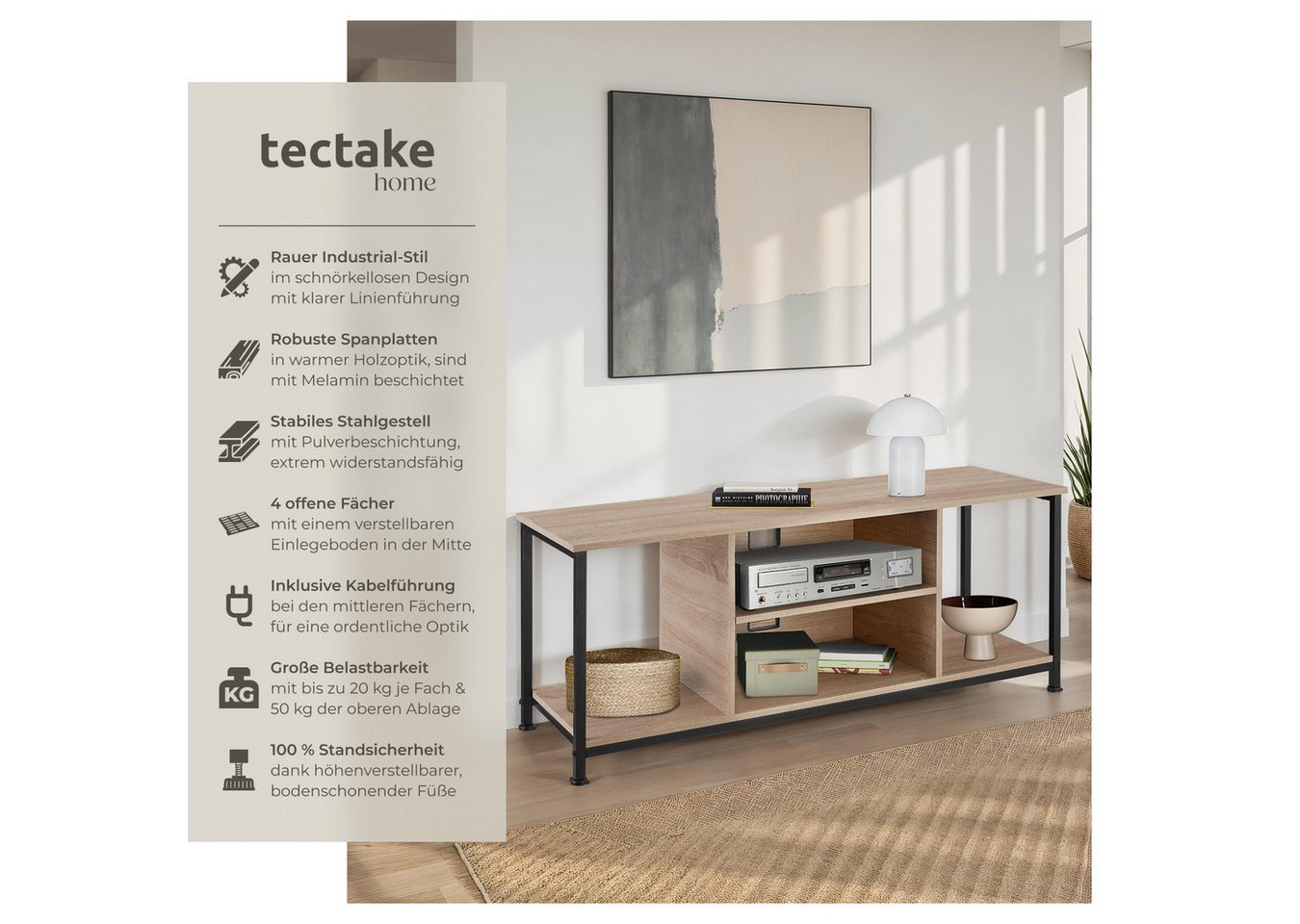 tectake Lowboard TV-Schrank, 120 x 40 x 50,5 cm, höhenverstellbare Kunststofffüße (Fernsehboard Denver, in Industrial Holz hell, Eiche Sonoma), Holz und Stahl,  – Bild 2 von 5