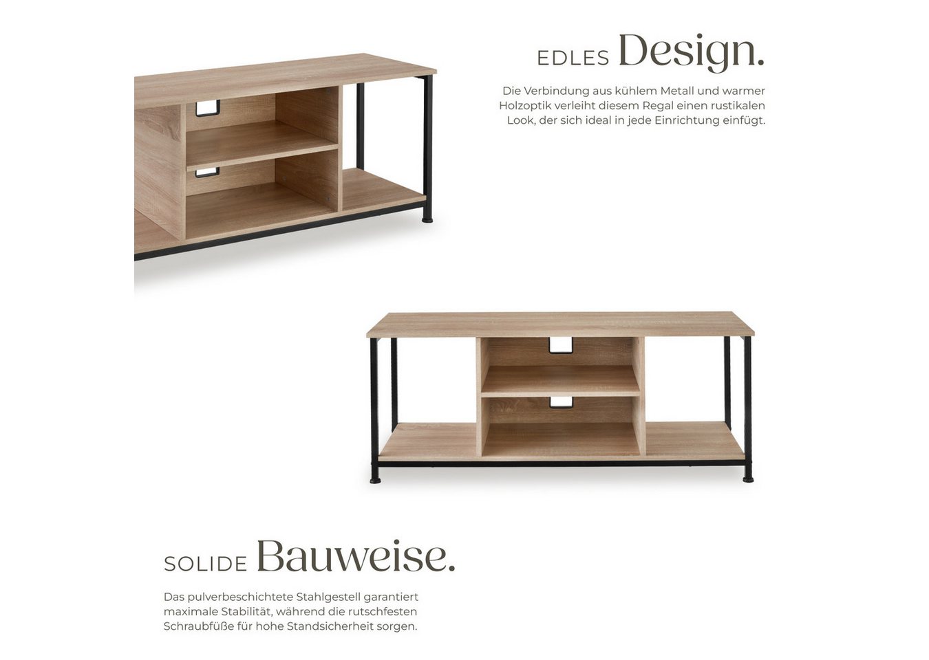 tectake Lowboard TV-Schrank, 120 x 40 x 50,5 cm, höhenverstellbare Kunststofffüße (Fernsehboard Denver, in Industrial Holz hell, Eiche Sonoma), Holz und Stahl,  – Bild 3 von 5