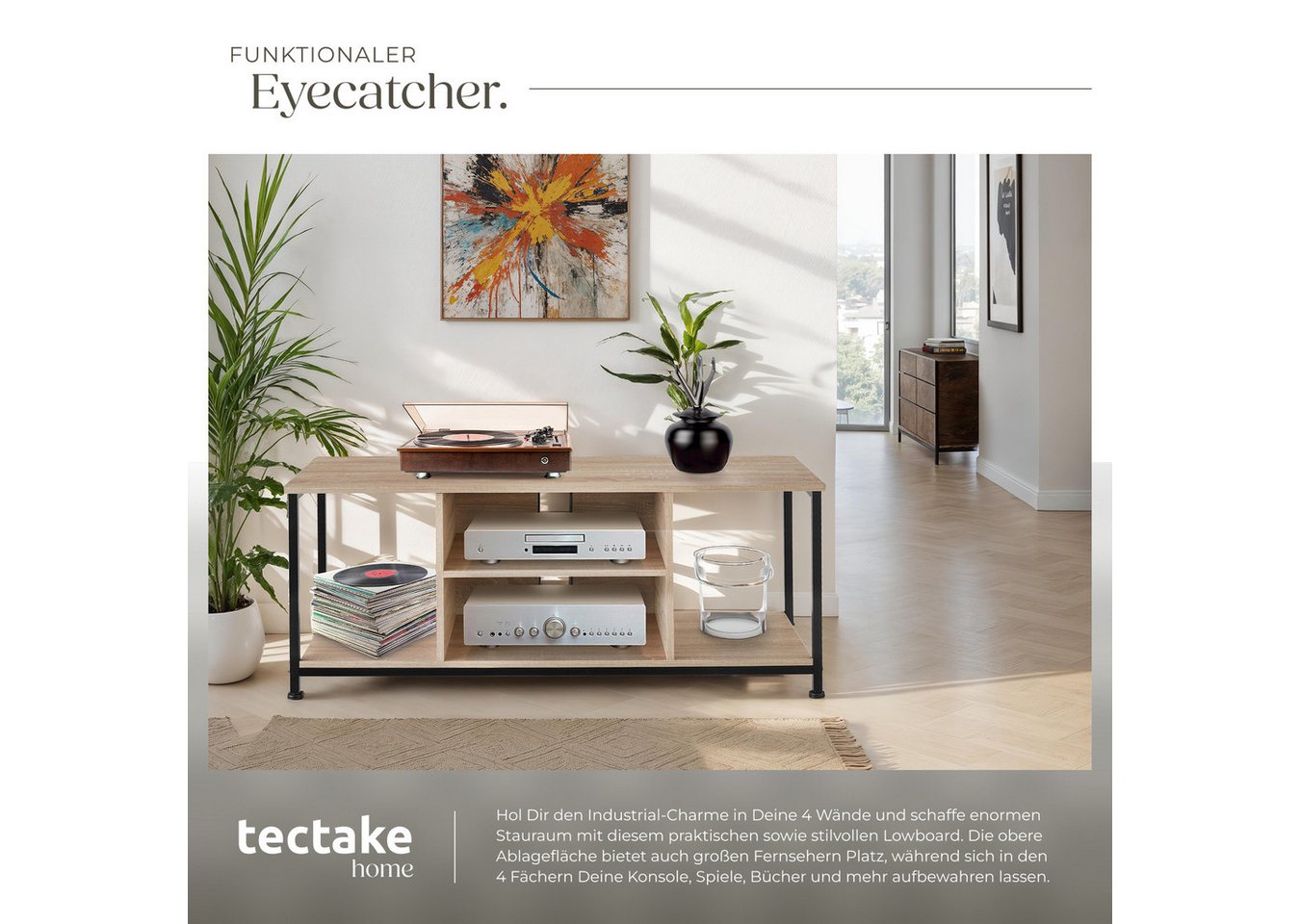 tectake Lowboard TV-Schrank, 120 x 40 x 50,5 cm, höhenverstellbare Kunststofffüße (Fernsehboard Denver, in Industrial Holz hell, Eiche Sonoma), Holz und Stahl,  – Bild 4 von 5